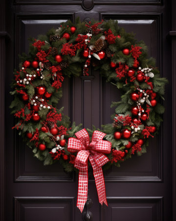 Christmas wreath with decoration on a wooden front door.の素材