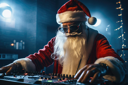 Santa Claus DJing at a party with cool lighting.の素材