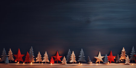 A festive holiday scene with sparkling stars and bokeh on a blue backdrop, featuring pine cones, red ornaments, and frosty foliage on a wooden surface.の素材