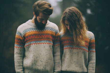 young beautiful couple in identical knitted sweaters.の素材