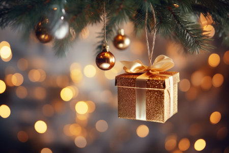 a beautiful small gift box hanging on a Christmas tree branch. New Year's decor.の素材