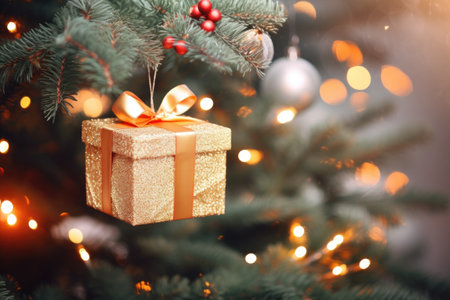 a beautiful small gift box hanging on a Christmas tree branch. New Year's decor.の素材