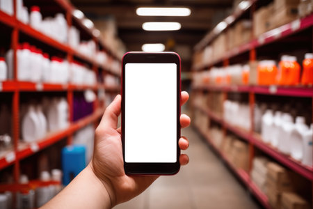 Hand holding a smartphone with a blank screen in a warehouse shopping aisle.の素材