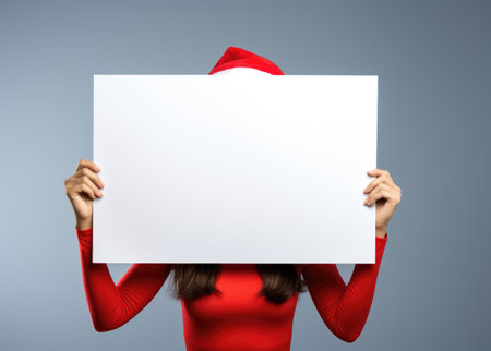 Woman in red with Santa Claus hat holding a blank sign.の素材