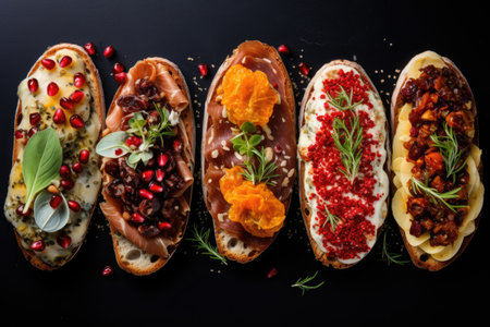 set of different bruschettas with prosciutto, salmon, tomatoes and avocado on a dark background. view from above.の素材