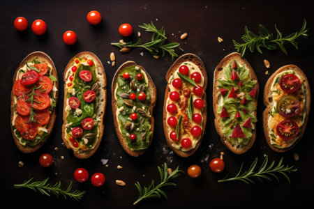 set of different bruschettas with prosciutto, salmon, tomatoes and avocado on a dark background. view from above.の素材