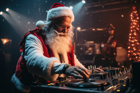 Stylish Santa Claus DJ with blue stage lighting and a Christmas tree in the background-の素材