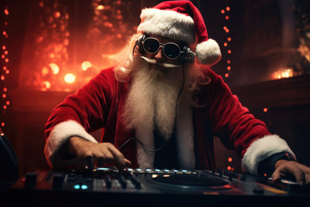 Concentrated Santa Claus mixing music on DJ decks with red stage lights.の素材