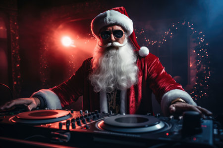 Concentrated Santa Claus mixing music on DJ decks with red stage lights.の素材