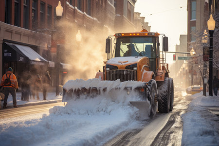 Snowplow clearing the street of snow.の素材