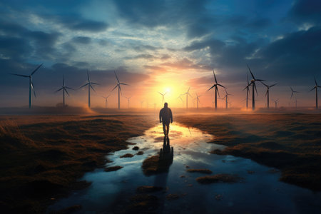 Person against the backdrop of wind turbines at sunset.の素材