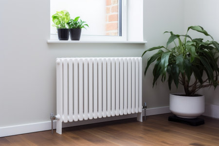 Heating radiator under the window with flowers.の素材