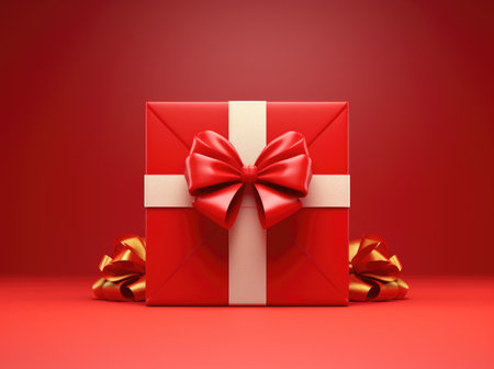 red gift box on a red background for Christmas or Valentine's Day.の素材