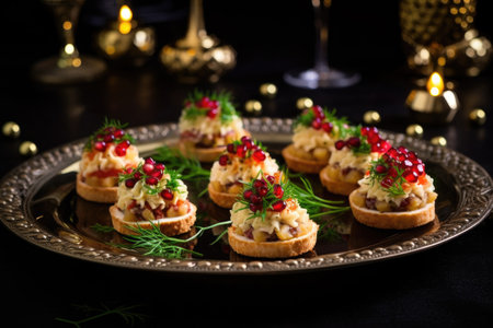 Tartlets topped with cream cheese, pomegranate, and dill on an antique silver platter.の素材