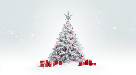 Snowy Christmas scene with decorated tree and red wrapped gifts. copy spaceの素材