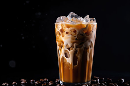 Iced coffee with swirling milk in a glass, coffee beans scattered.の素材