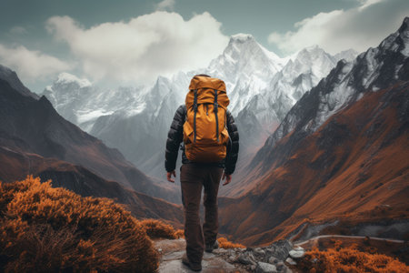 A hiker with a large backpack on a mountain path with dramatic peaks in the background and autumn-colored grass in the foreground.の素材