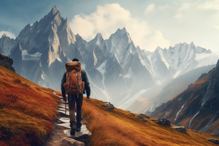 A hiker with a large backpack on a mountain path with dramatic peaks in the background and autumn-colored grass in the foreground.の素材