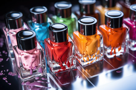 Various nail polish bottles spilling vibrant colors.の素材