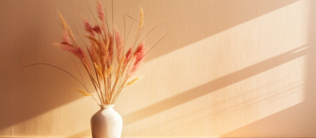 White vase with pampas grass on a light background with shadows.の素材