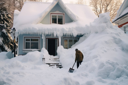 man clearing snow with a shovel in front of the house. Person shoveling snowの素材