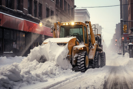 A snowplow clears the street of snow in an urban winter setting during a snowfall.の素材