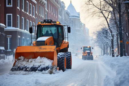 Snowplow clearing the street of snow.の素材
