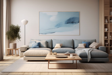 A modern living room corner with a blue sofa and an abstract painting on the wall.の素材