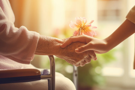 A mature woman in a wheelchair holds a womans hand. elderly care concept.の素材