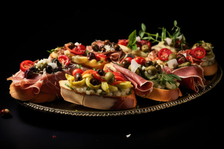 Assortment of gourmet bruschetta on a wooden tray, vibrant and colorful.の素材