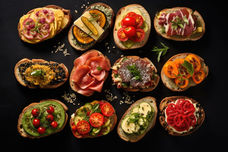 set of different bruschettas with prosciutto, salmon, tomatoes and avocado on a dark background. view from above.の素材