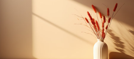 White vase with pampas grass on a beige background with shadows.の素材