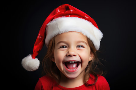 Child in Santa hat laughing joyfully.の素材