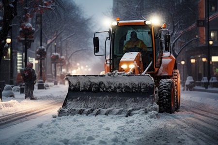 Workers with a snowplow removing snow on a city street in winter as evening approaches.の素材
