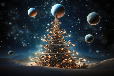 Cosmic Christmas tree with balls against a planet backdrop.の素材