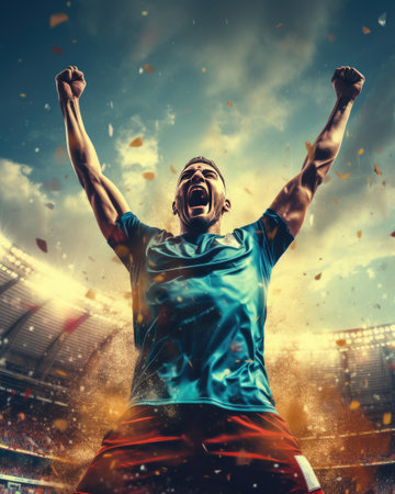 Soccer player screaming with joy after scoring a goal.の素材