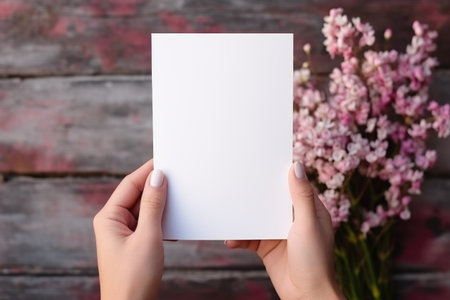 Hands holding empty card with a bouquet of flowers.の素材