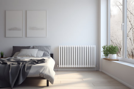 Heating radiator in interior next to a sofa.の素材