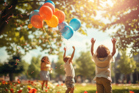 Cheerful children with air balloons.の素材