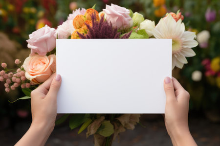 Hands holding empty card with a bouquet of flowers.の素材