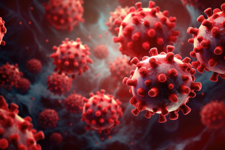 Close-up of a virus in red-orange shades with visible particles in the backgroundの素材