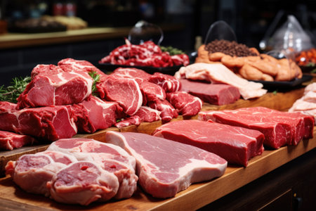 Fresh quality meat showcased at a butcher's shop.の素材