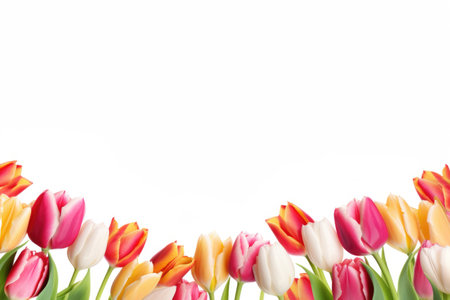 Frame of multicolored tulips on white background.の素材