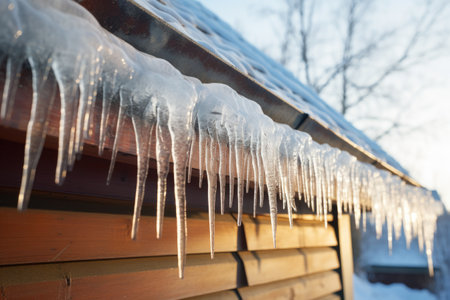 Icicles hanging from house roof at sunset.の素材