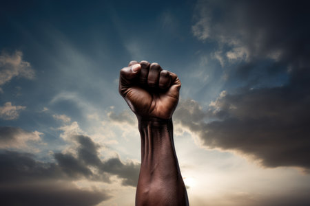 raised fist of an African man against the sky.の素材