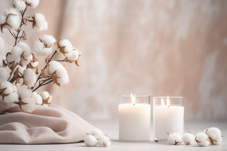 Candles and cotton branches. Cozy Home Decorの素材