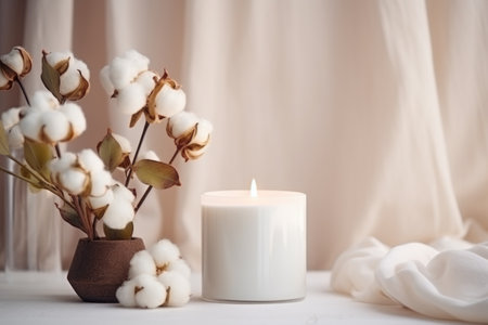Candle and cotton branches. Cozy Home Decorの素材