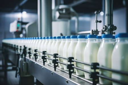 Modern milk production plant with bottles on conveyor belt.の素材