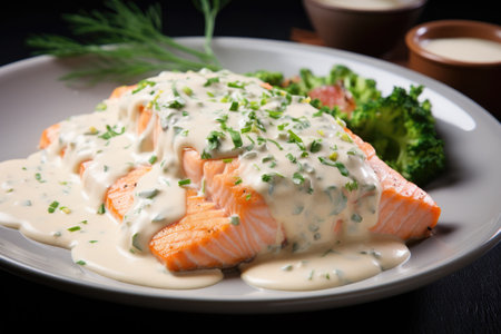 Salmon with sauce on plate.の素材