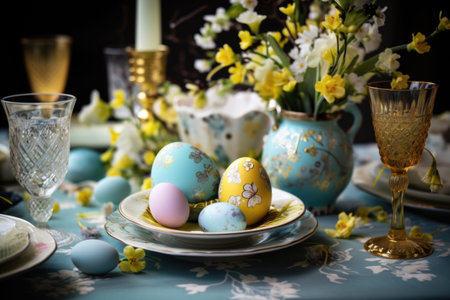 Easter table with decorated eggs and spring flowers.の素材